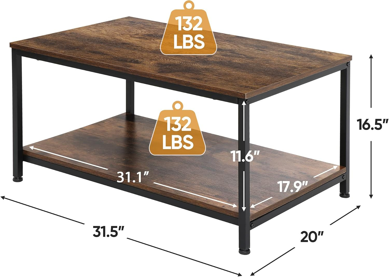 2-Tier Industrial Coffee Table with Storage Shelf for Small Apartment Living Room, Rectangle Wood and Stable Metal TV Stand Side End Table, Rustic Brown