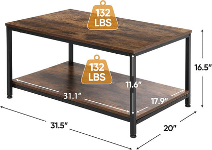2-Tier Industrial Coffee Table with Storage Shelf for Small Apartment Living Room, Rectangle Wood and Stable Metal TV Stand Side End Table, Rustic Brown