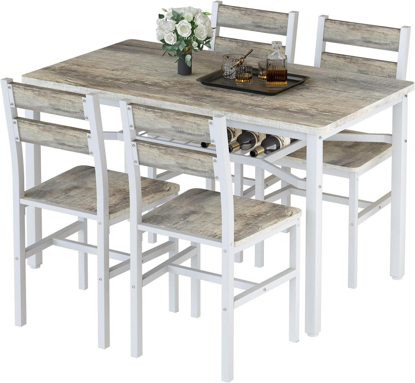 Dining Table Set for 4, Wood Kitchen Table Chairs Set with Storage, Farmhouse 5 Piece Dining Room Table Set, Space-Saving Dinette Set for Breakfast Nook, Apartment