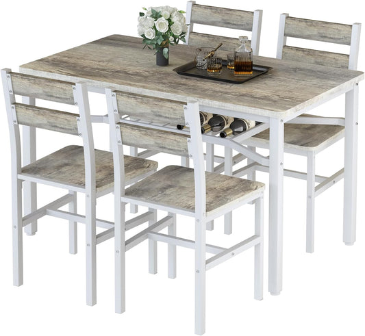 Dining Table Set for 4, Wood Kitchen Table Chairs Set with Storage, Farmhouse 5 Piece Dining Room Table Set, Space-Saving Dinette Set for Breakfast Nook, Apartment