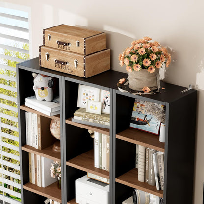 2 Pcs 71'' Tall Narrow Bookshelf, 8-Tier Media Tower Rack Set of 2, CD DVD Storage Cabinet with Adjustable Shelves, Tall Narrow Bookcase Skinny Display Bookshelf Slim Shelf, Black/Brown