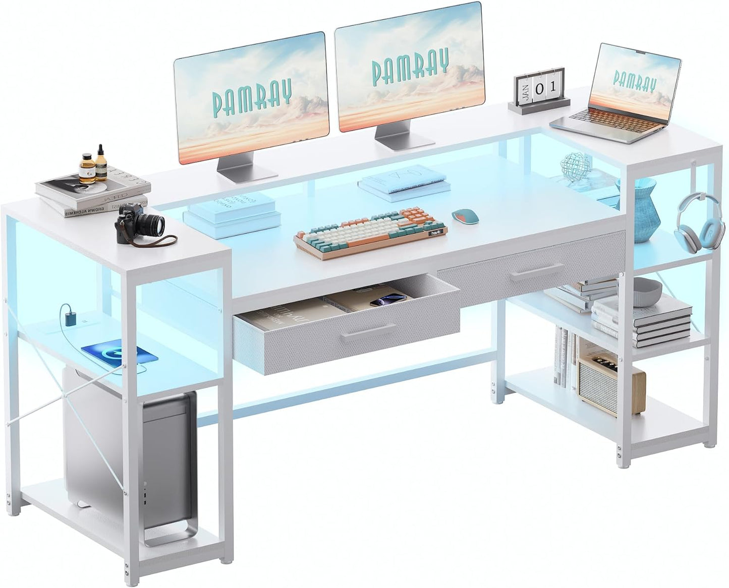 58 Inch Computer Desk with Monitor Stand and Shelves Gaming Desk with LED Lights & Power Outlets PC Vanity Table with 2 Drawers for Home Office White