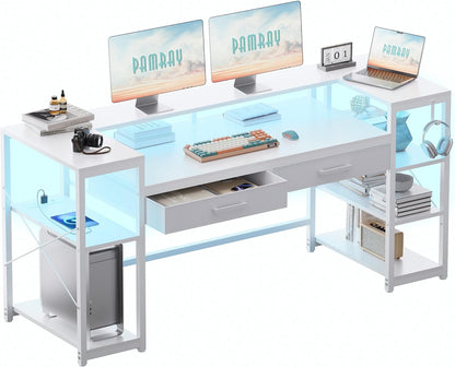 58 Inch Computer Desk with Monitor Stand and Shelves Gaming Desk with LED Lights & Power Outlets PC Vanity Table with 2 Drawers for Home Office White