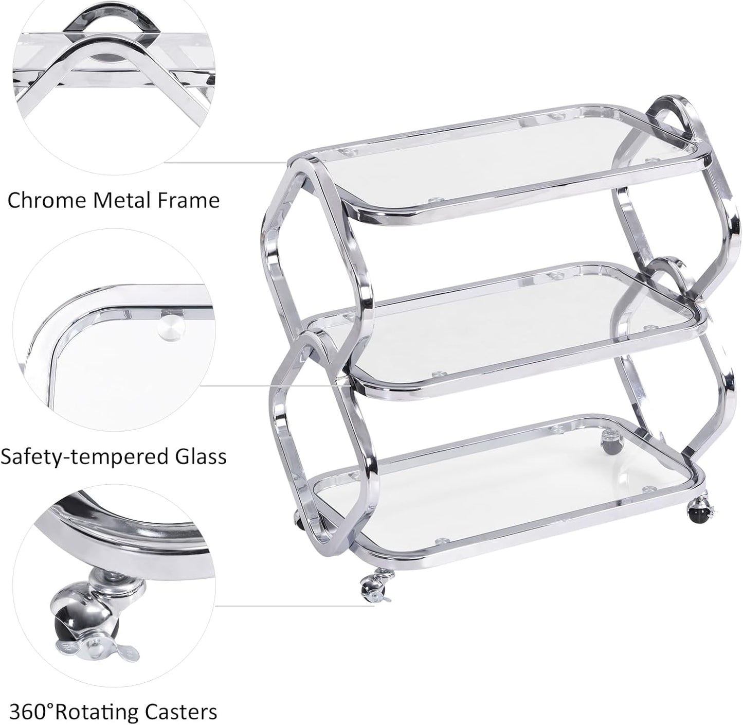 Silver Bar Cart with Wheels Glass Bar Cart for Home Metal Console Table Serving Cart with Storage for Club Spa Cafe Entryway Kitchen Living Room Hallway Sofa