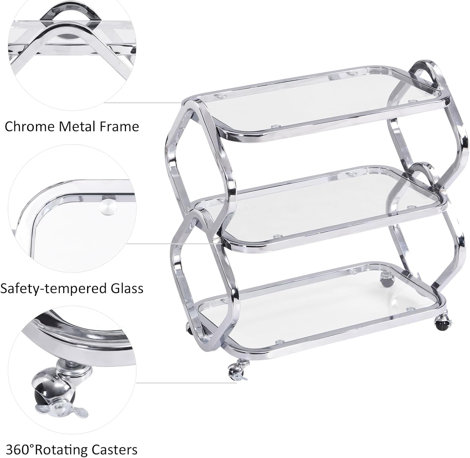 Silver Bar Cart with Wheels Glass Bar Cart for Home Metal Console Table Serving Cart with Storage for Club Spa Cafe Entryway Kitchen Living Room Hallway Sofa