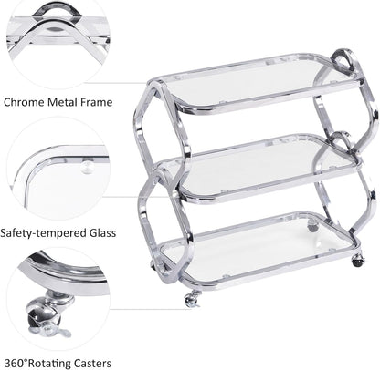 Silver Bar Cart with Wheels Glass Bar Cart for Home Metal Console Table Serving Cart with Storage for Club Spa Cafe Entryway Kitchen Living Room Hallway Sofa
