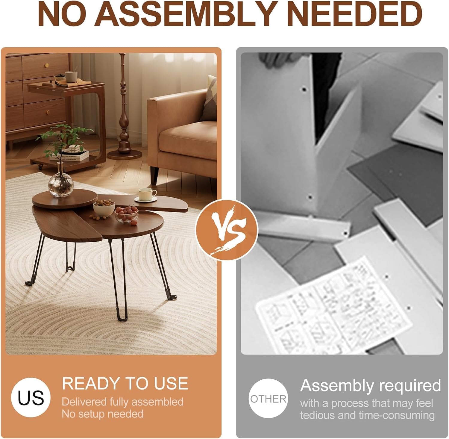 Solid Wood Small Coffee Table, Beetle Design, Full Assembly, Folding Coffee Table for Small Spaces, Portable Floor Table Furniture for for Garden, Balcony, Indoor or Outdoor Use (Walnut)