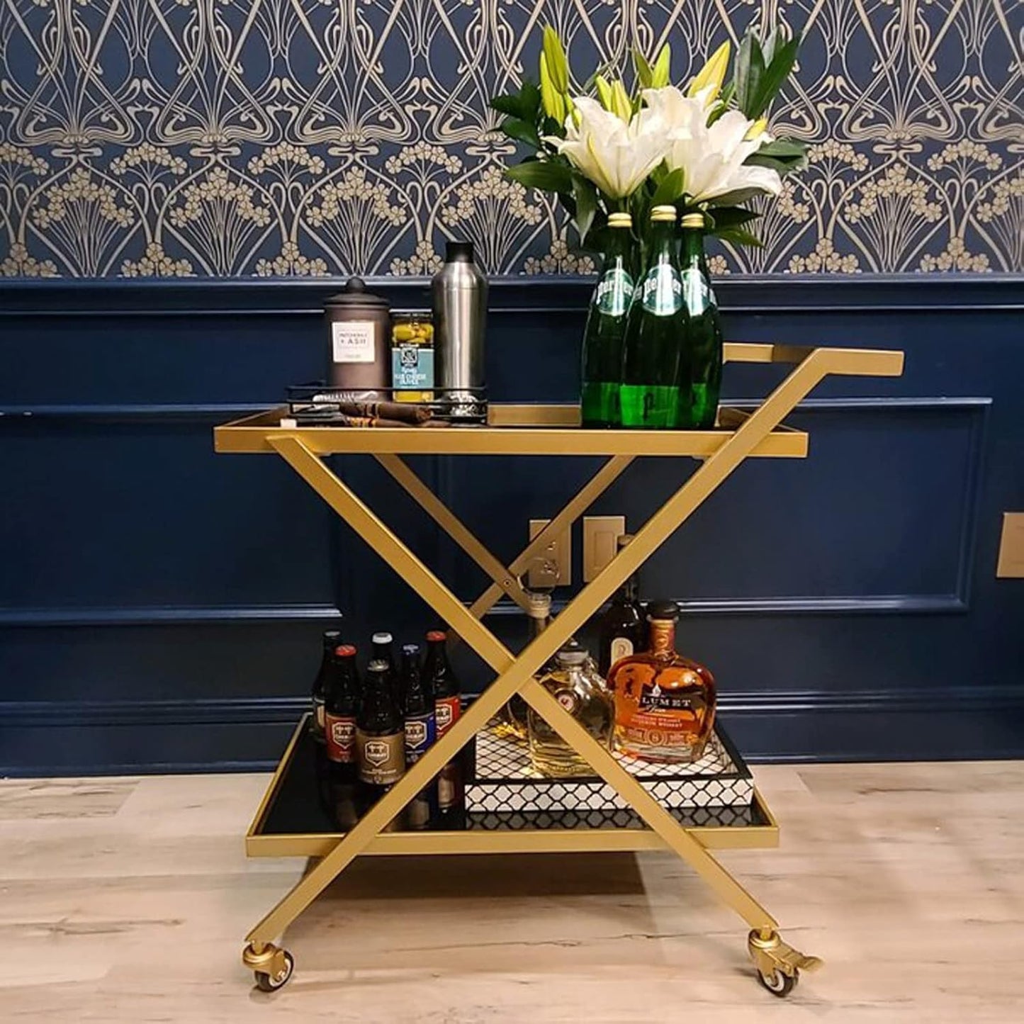 Gold Bar Cart - No Screws Assembly, 2-Tier Snack Cart with 2 Black Tempered Glass Shelves, Portable with 2 Lockable Wheels