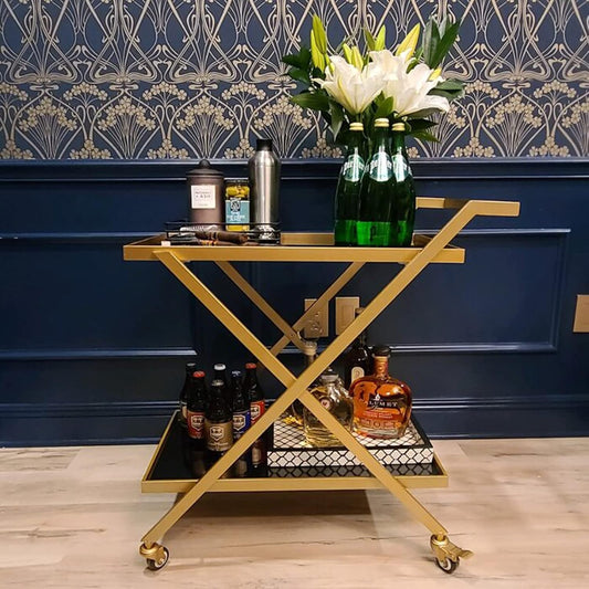 Gold Bar Cart - No Screws Assembly, 2-Tier Snack Cart with 2 Black Tempered Glass Shelves, Portable with 2 Lockable Wheels