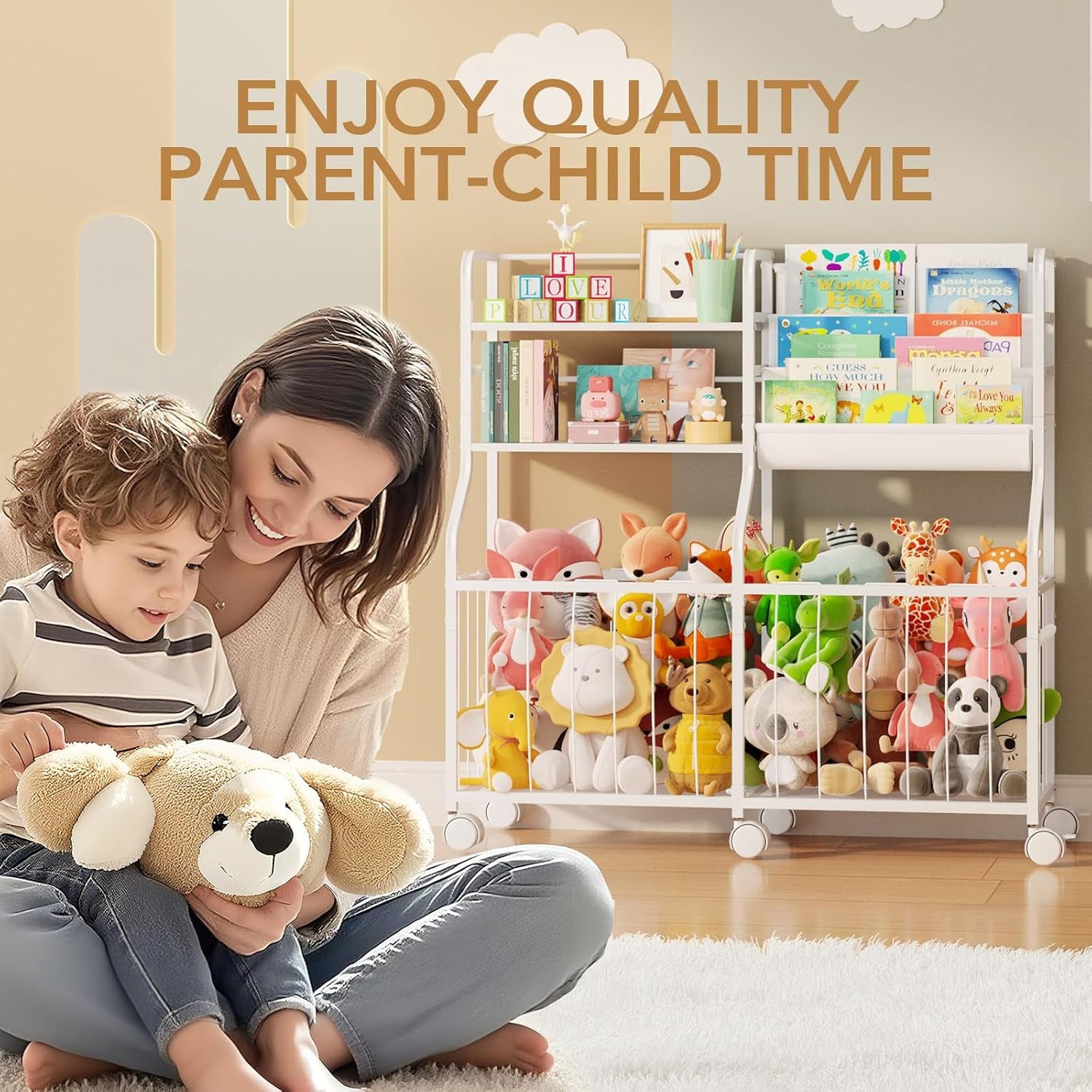 Stuffed Animal Storage Organizer - Rolling Kids Bookshelf and Toy Storage with 3 Tiered Book Display and Toy Chest - Rolling Furniture for Kids Room, Playroom, Bedroom, Nursery, White