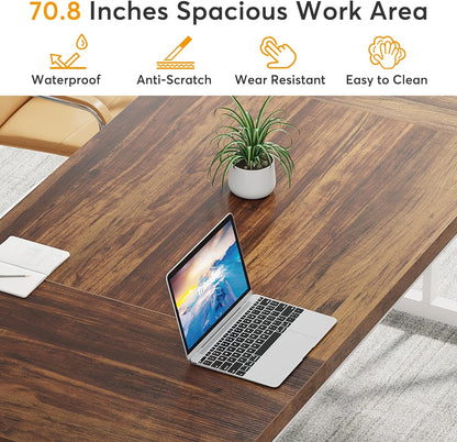 70.8-Inch Executive Desk, Large Computer Office Desk Workstation, Modern Simple Style Laptop Desk Study Writing Table Business Furniture for Home Office (Brown/White, 70.8 Inch)