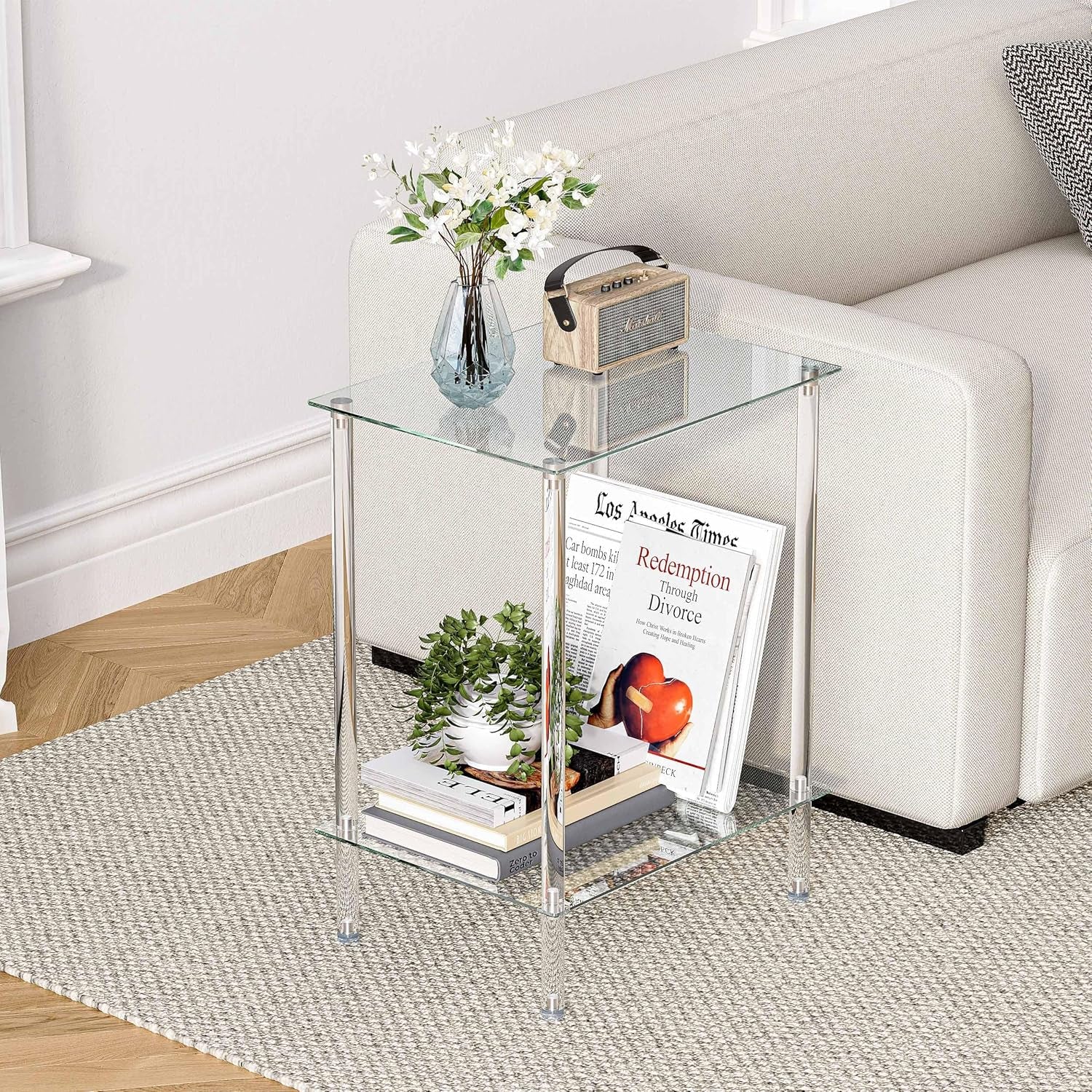 Tempered Glass Side Tables Set of 2 Acrylic End Table with 2 Storage Shelve Transparent Bedside Simplicity Clear 2-Tier Nightstands Small Spaces Office Bedroom Living Room Study Transparent ET-008TR