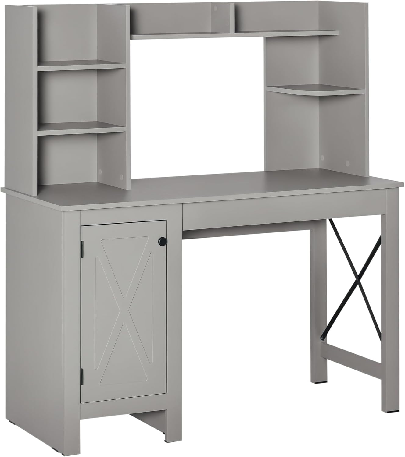 Farmhouse Computer Desk with Hutch and Cabinet, Home Office Desk with Storage, for Study, Light Grey
