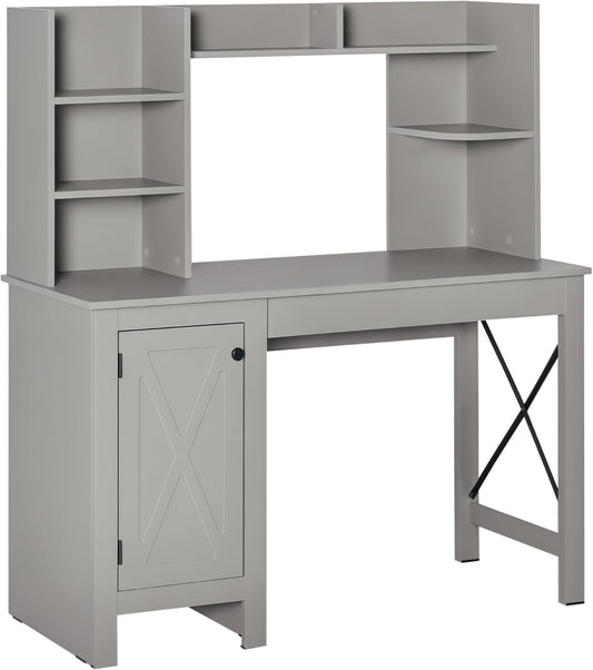 Farmhouse Computer Desk with Hutch and Cabinet, Home Office Desk with Storage, for Study, Light Grey