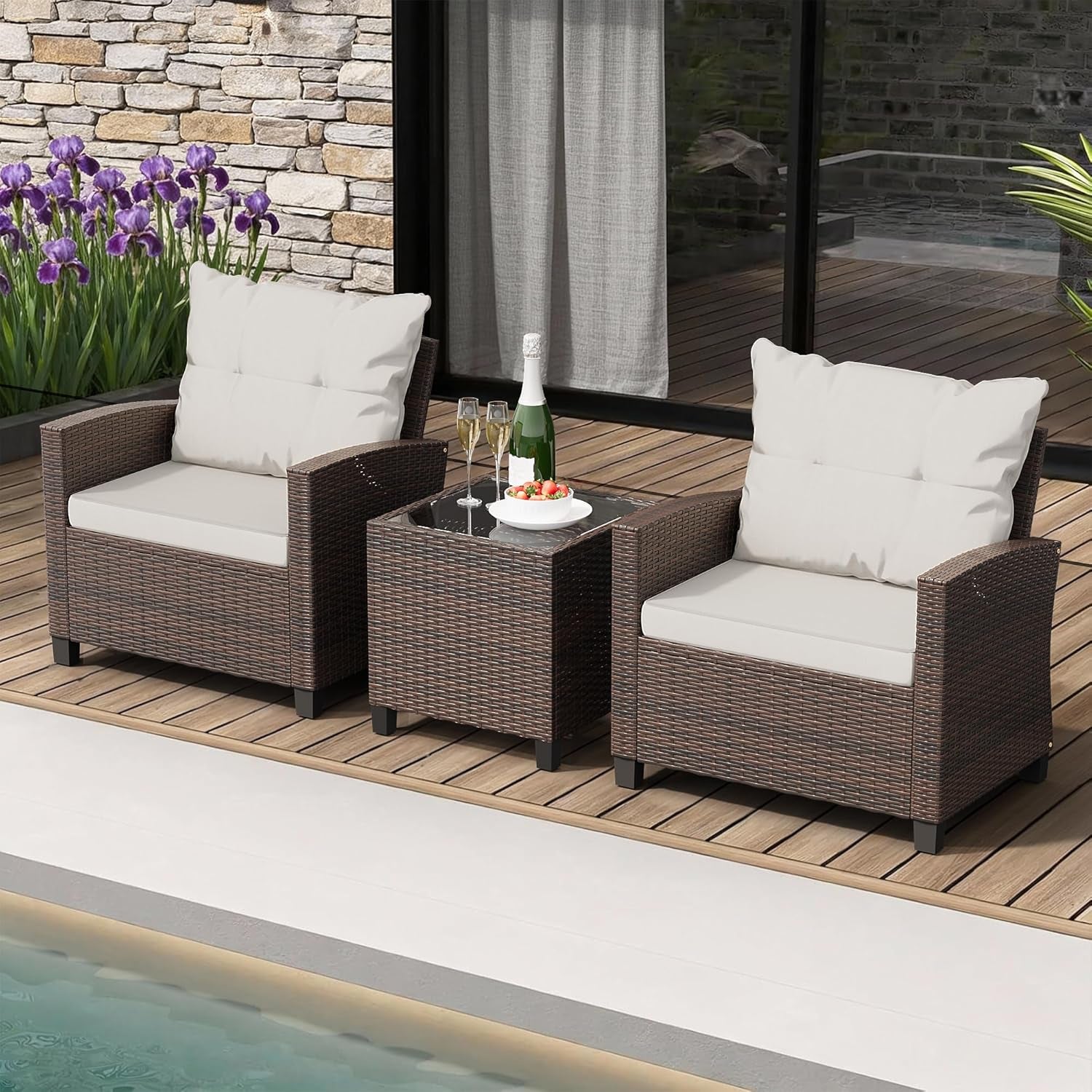 3 Pieces Patio Furniture Set, PE Rattan Wicker 3 Pcs Patio Set, Outdoor Furniture Set with Two Outdoor Chairs and Table, Conversation Set for Garden, Poolside, Balcony, and Porch(Beige)