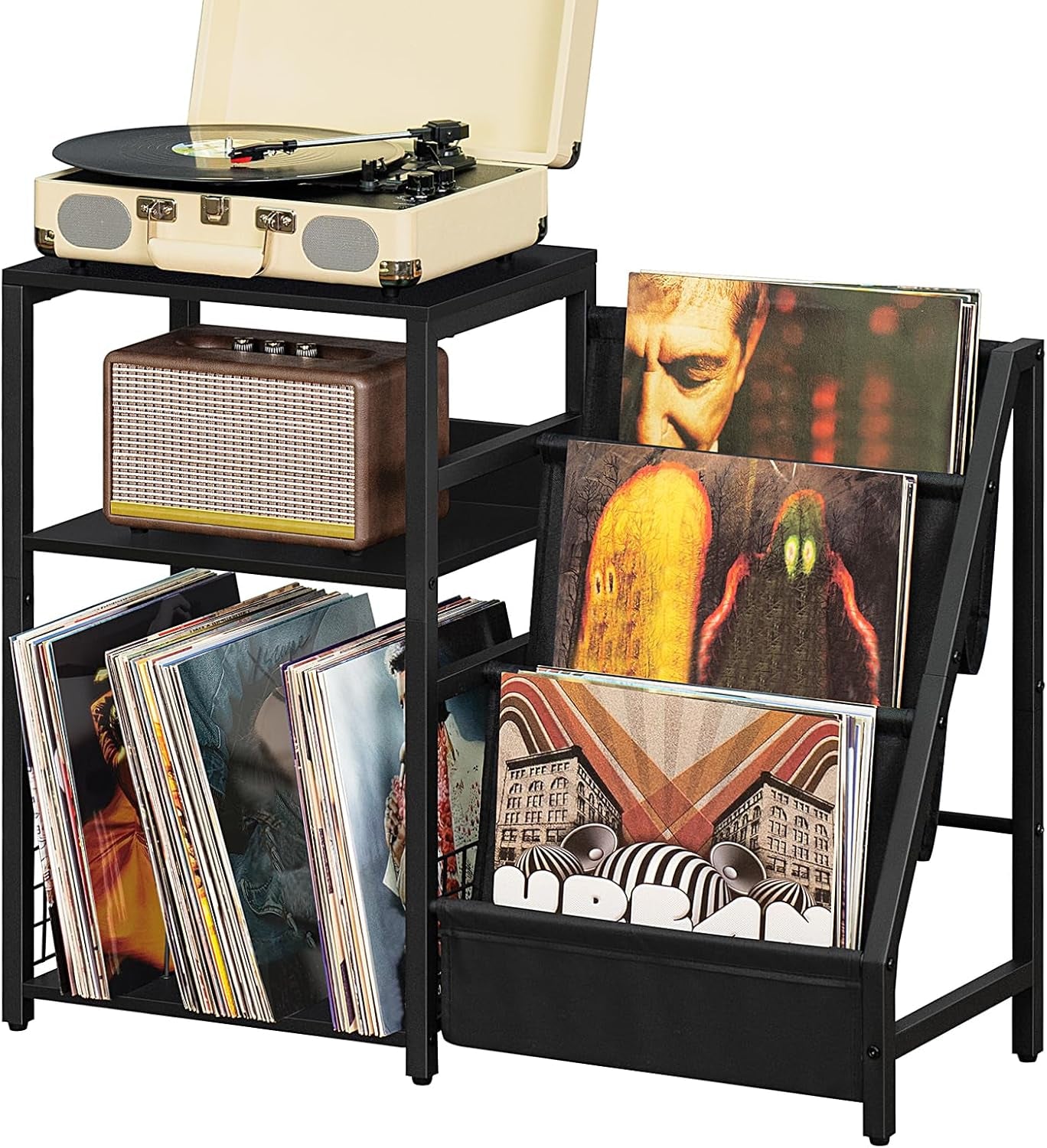 Black End Table,Record Player Stand with Vinyl Storage,3 Tier Side Table with Display Shelf Storage up to 150 Albums,Industrial Large Record Holder Cabinet for Living Room