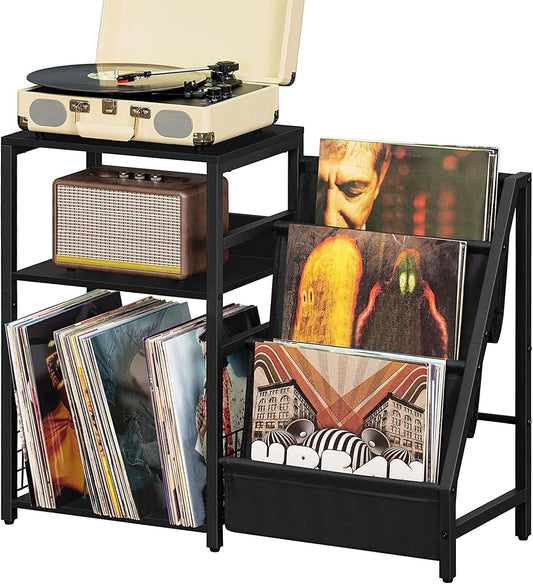 Black End Table,Record Player Stand with Vinyl Storage,3 Tier Side Table with Display Shelf Storage up to 150 Albums,Industrial Large Record Holder Cabinet for Living Room