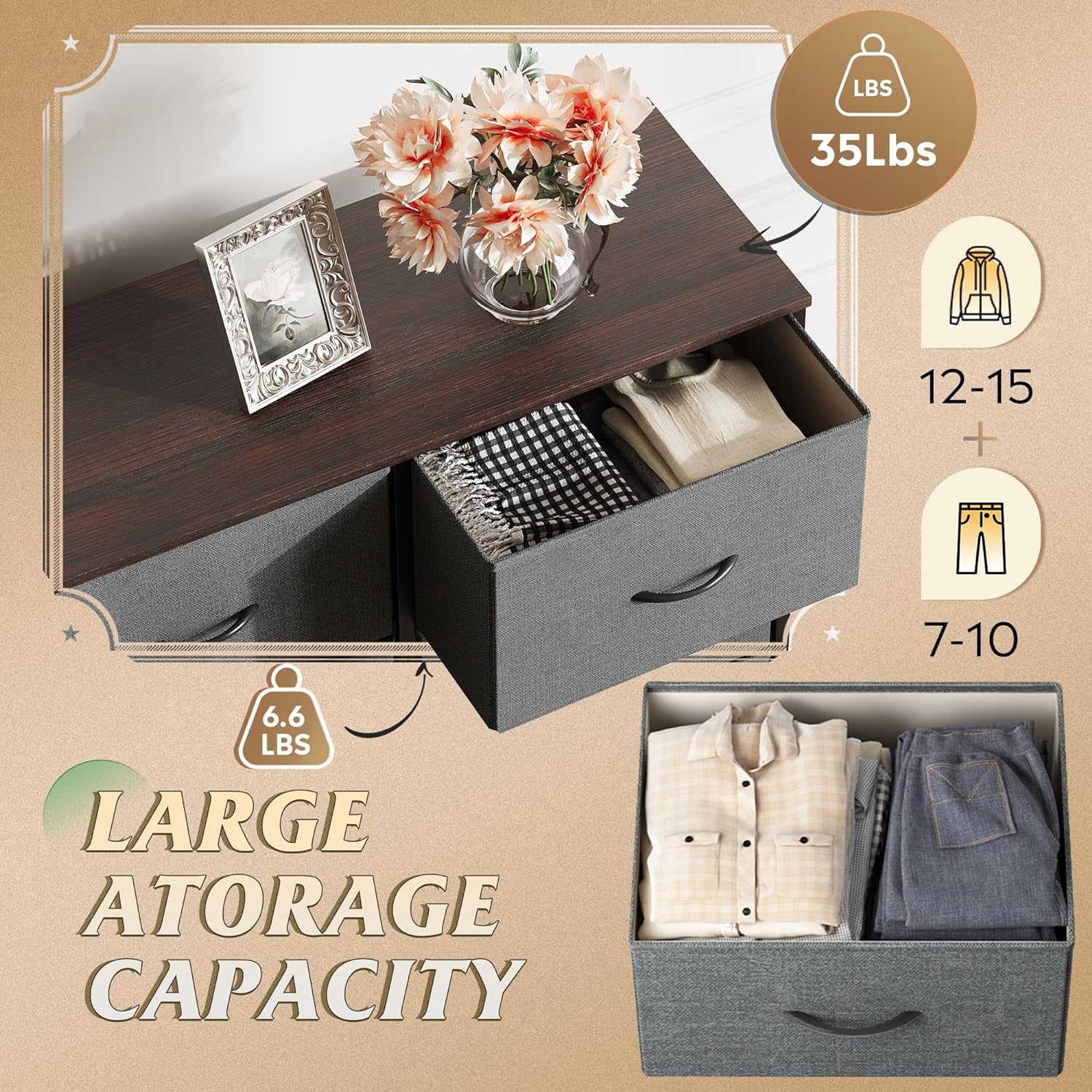 Fabric Dresser for Bedroom, Tall Dresser with 8 Drawers, Storage Tower with Fabric Bins, Double Dressers, Chest of Drawers for Closet, Living Room, Hallway, Dark Gray