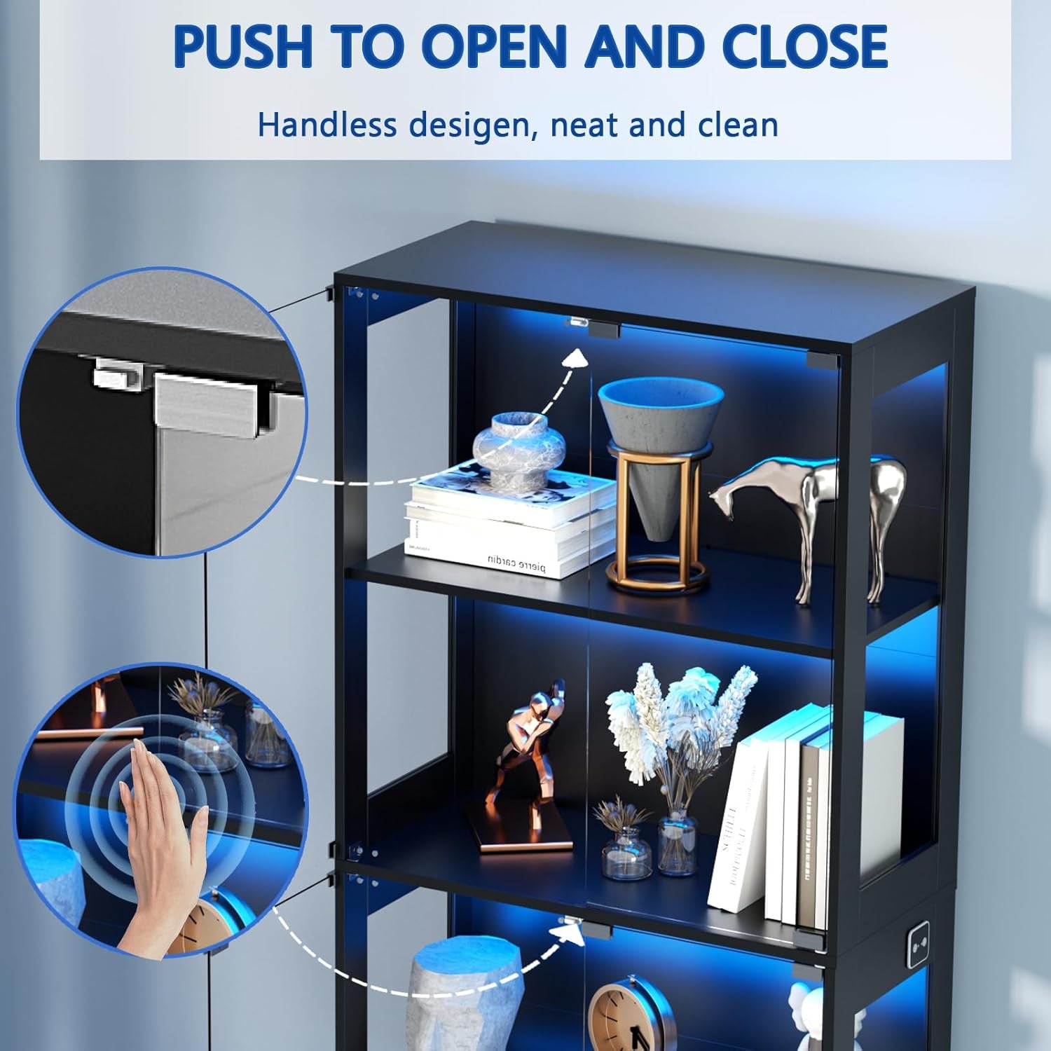 Tempered Glass Display Cabinet 5.5 FT with 3CCT Motion Sensor Light, 4-Tier Curio Case for Collectibles, Storage Woode Shelf with Glass Doors, Bookcase, Showcase, Black