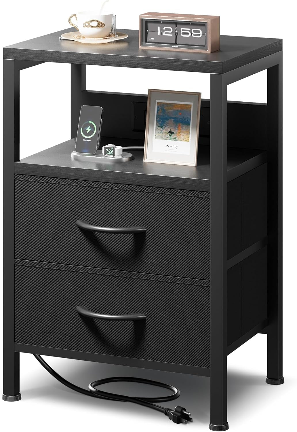 Nightstand Bedside Charging Table Bedroom - Night Stand with Charger Station, Modern Nightstand with Open Shelf & 2 Fabric Drawers, Bed Side Table with USB-C USB Ports & AC Outlets for Dorm, Black