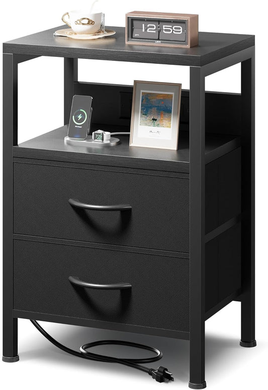 Nightstand Bedside Charging Table Bedroom - Night Stand with Charger Station, Modern Nightstand with Open Shelf & 2 Fabric Drawers, Bed Side Table with USB-C USB Ports & AC Outlets for Dorm, Black
