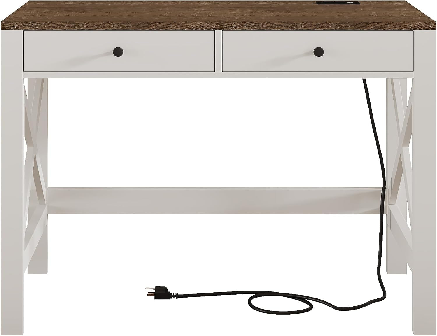Farmhouse Desk with USB Charging Ports and Power Outlets, 39" Computer Desk with Drawers, Small Study Writing Table with Stable X Frame for Home Office