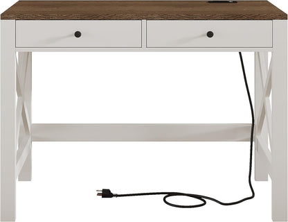 Farmhouse Desk with USB Charging Ports and Power Outlets, 39" Computer Desk with Drawers, Small Study Writing Table with Stable X Frame for Home Office