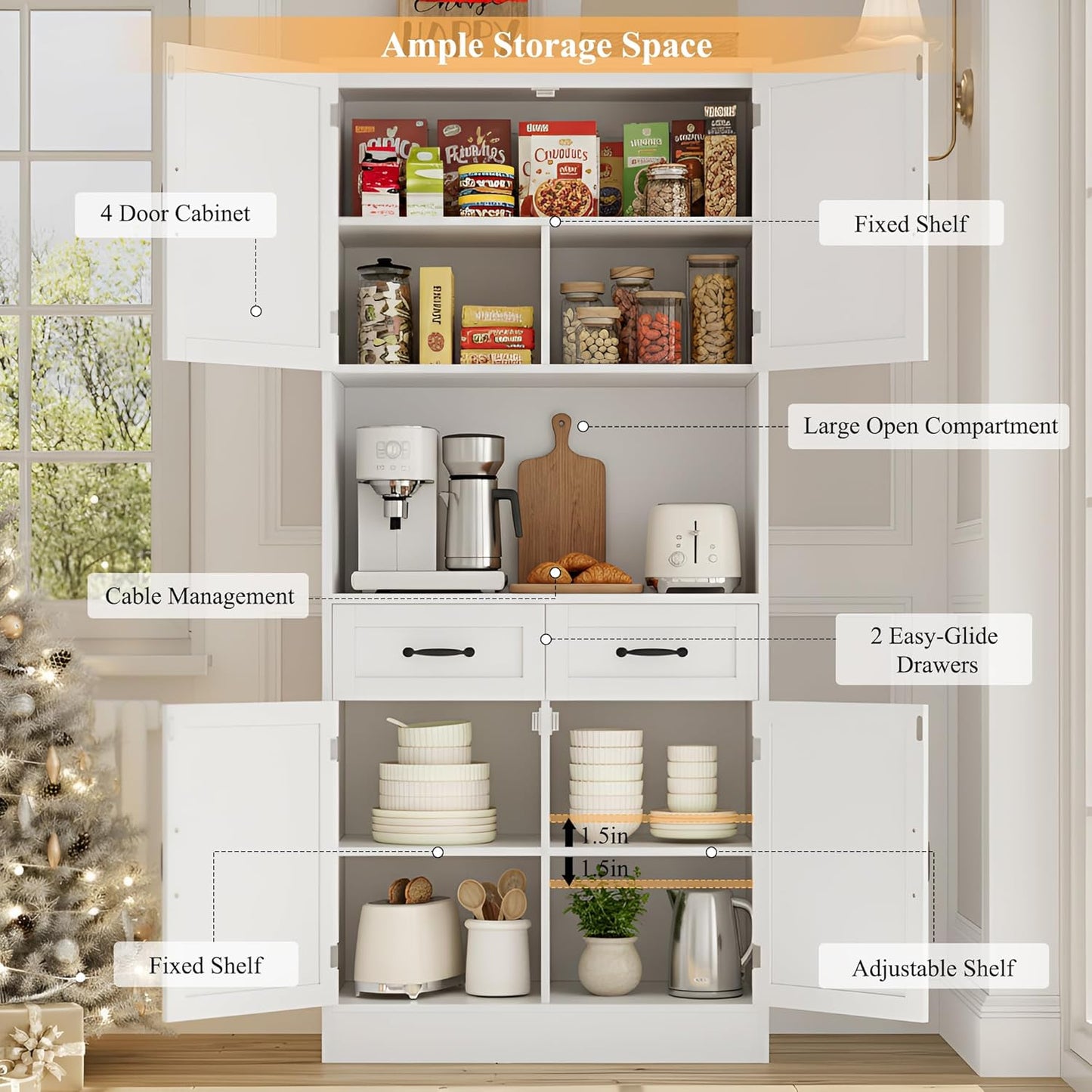 71“ Tall Kitchen Pantry Storage Cabinet, Modern Kitchen Hutch Bar Cabinet with Microwave Stand, Wood Buffet Sideboard with Hutch, Cupboard with Drawers, Shelves for Dining Room, White