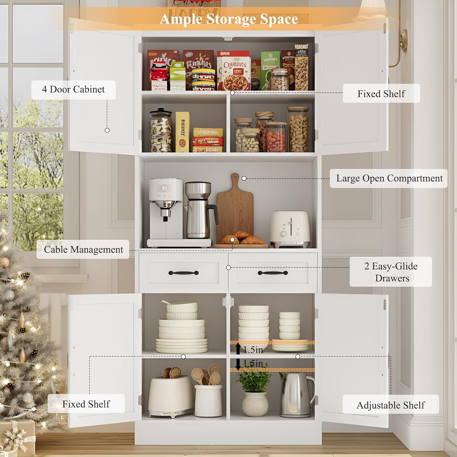 71“ Tall Kitchen Pantry Storage Cabinet, Modern Kitchen Hutch Bar Cabinet with Microwave Stand, Wood Buffet Sideboard with Hutch, Cupboard with Drawers, Shelves for Dining Room, White