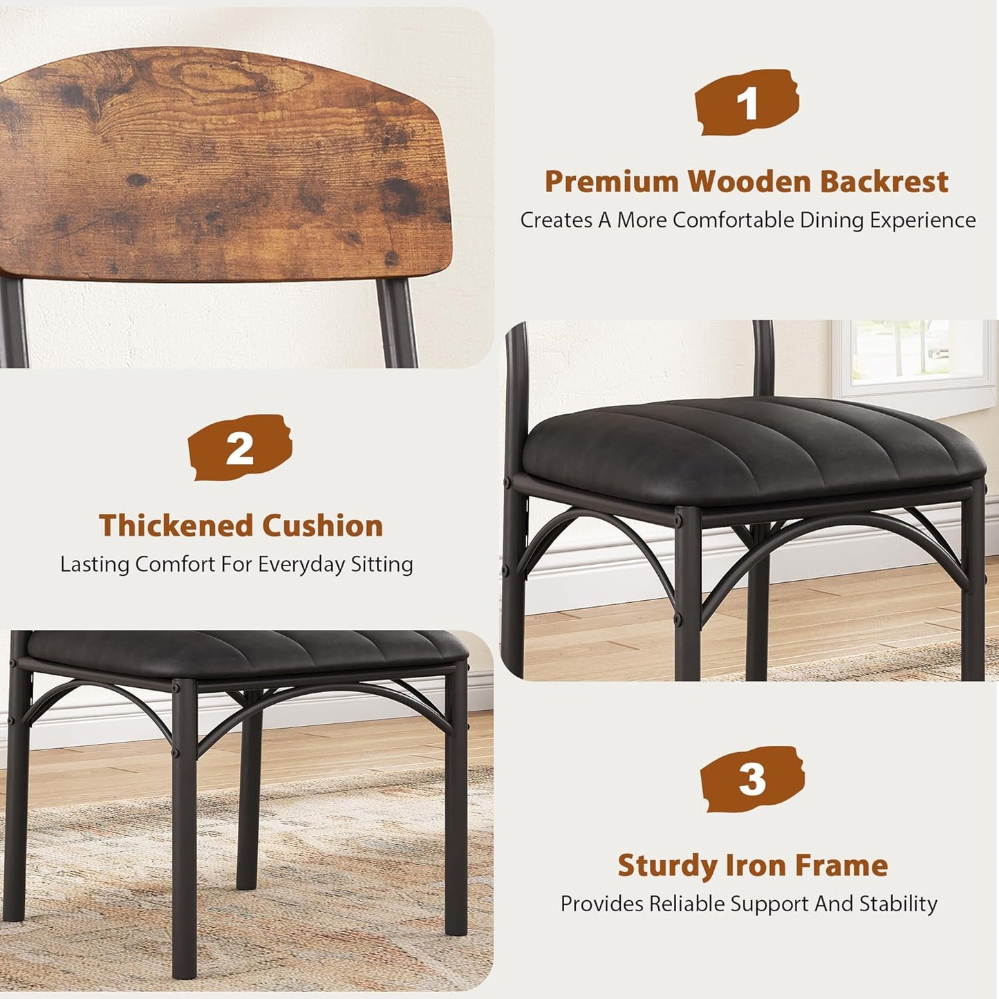 Dining Chairs Set of 4 - Upholstered Dining Room Chairs with PU Leather, Industrial Kitchen Chairs with Wooden Backrest and Thickened Metal Legs, for Dining Room, Living Room (Vintage)