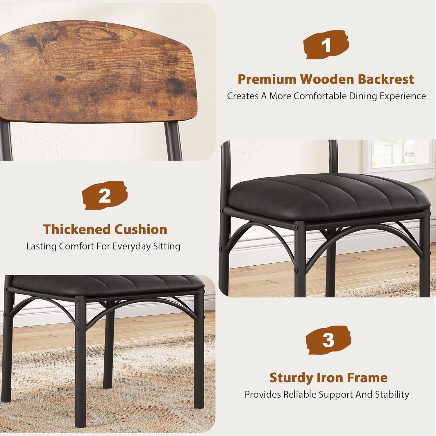 Dining Chairs Set of 4 - Upholstered Dining Room Chairs with PU Leather, Industrial Kitchen Chairs with Wooden Backrest and Thickened Metal Legs, for Dining Room, Living Room (Vintage)