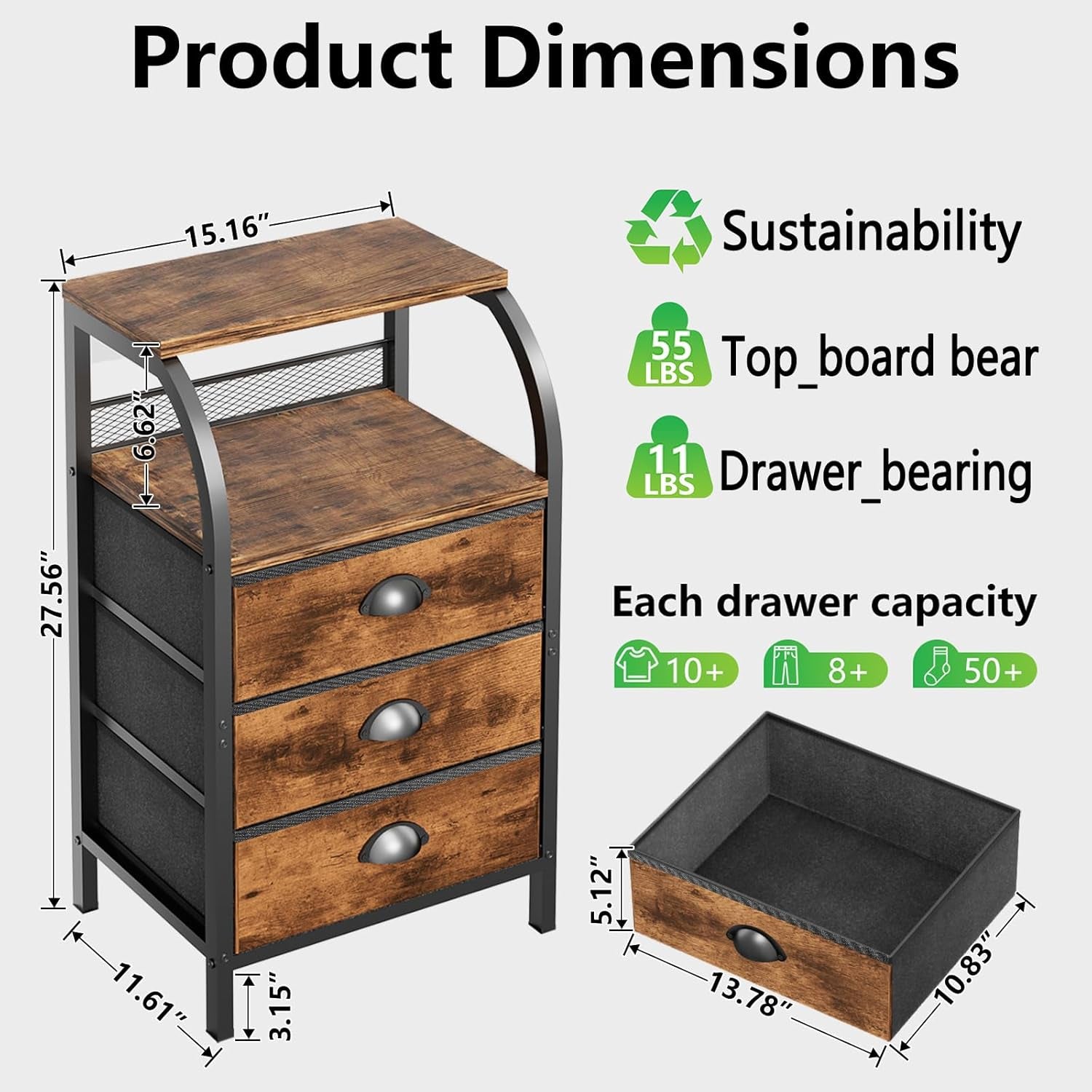 Night Stand Nightstand with Drawer Nightstands Storage Night Stands 3 Drawers Bedside Dresser Table Open Shelves Small Bed Side End Tables Fabric Cabinet for Bedroom Living Room Furniture