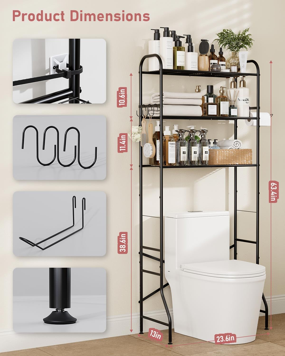 Over the Toilet Storage Rack, 3-Tier Metal Bathroom Organizer with Hooks, over the Toilet Storage Cabinet, Space Saver Shelf for Bathroom, Black, 23.6" X 13.0" X 63.4"