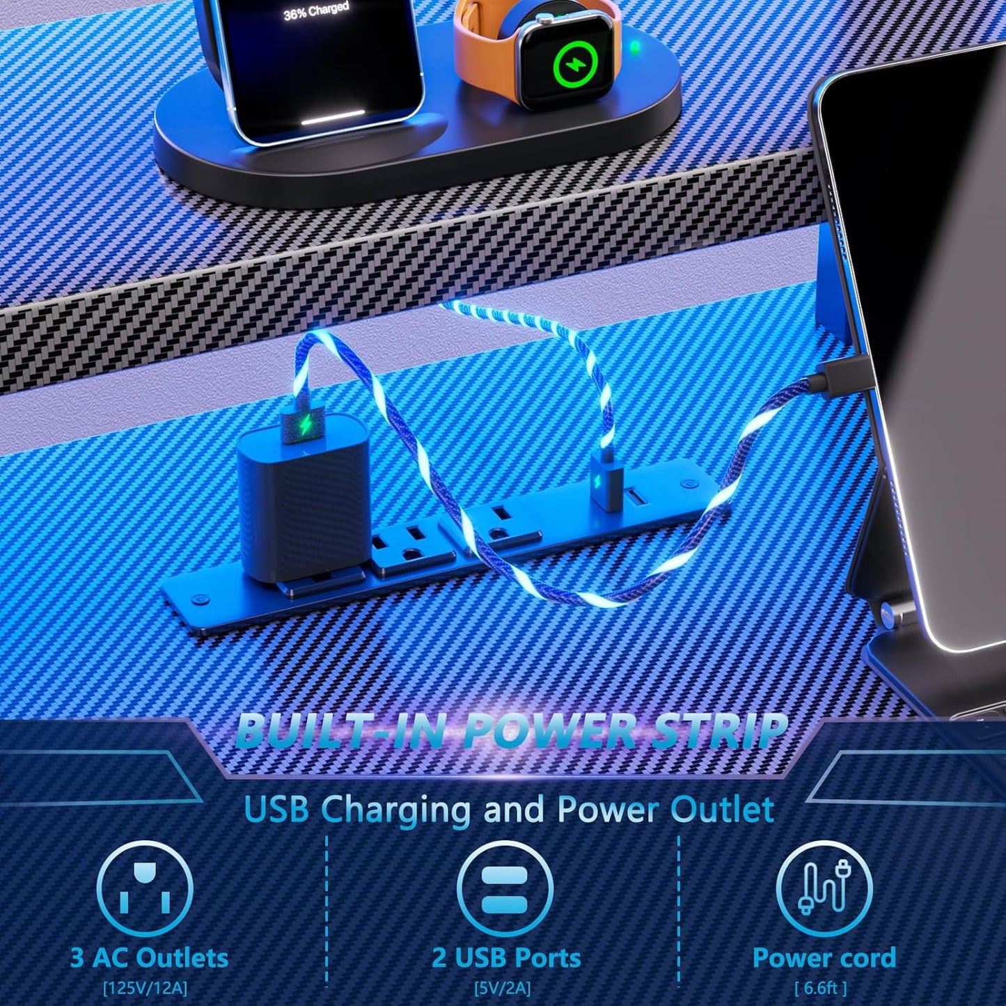 39 Inch Gaming Desk with LED Lights & Power Outlet, Small Gaming Computer Desk with Storage Shelves, L Shaped Gamer Workstations with Monitor Stand for Bedroom, Carbon Fiber Black