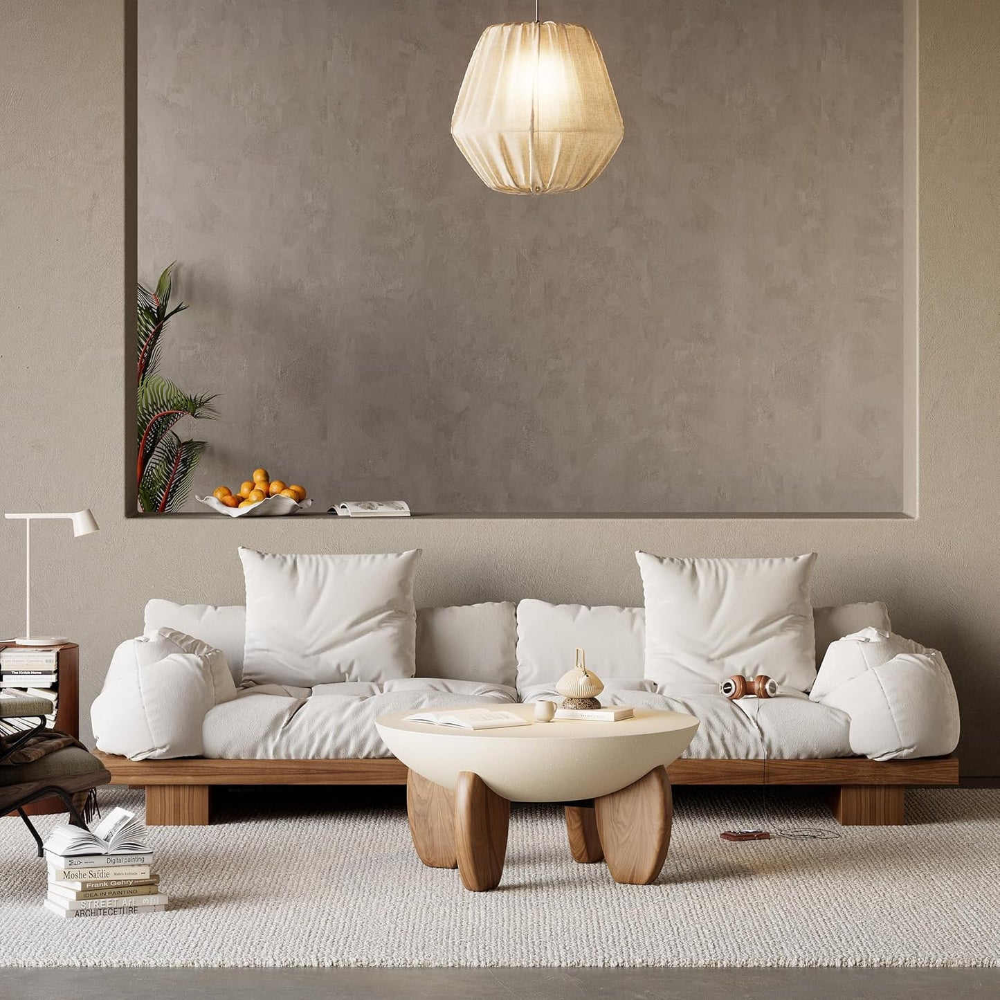 round Concrete Coffee Table with Premium Walnut Ash Wood Legs, Modern Minimalist Cement Finish Center Table for Living Room