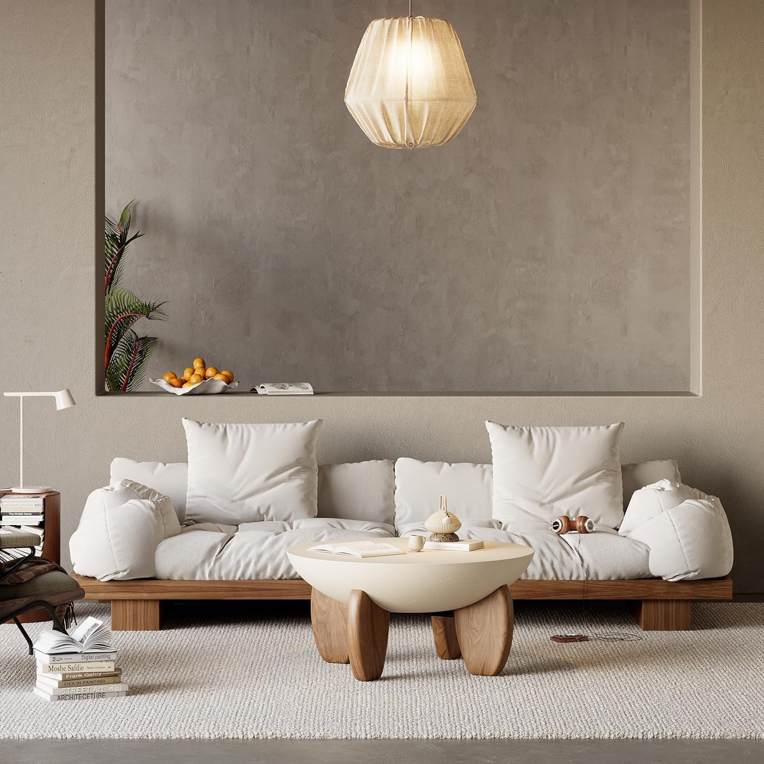 round Concrete Coffee Table with Premium Walnut Ash Wood Legs, Modern Minimalist Cement Finish Center Table for Living Room