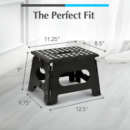 Folding Step Stool - Sturdy Enough Collapsible Stool to Support Adults and Safe Enough for Kids - Opens Easy with One Flip - Great for Kitchen, Bathroom or Bedroom (Black - 9 Inch)