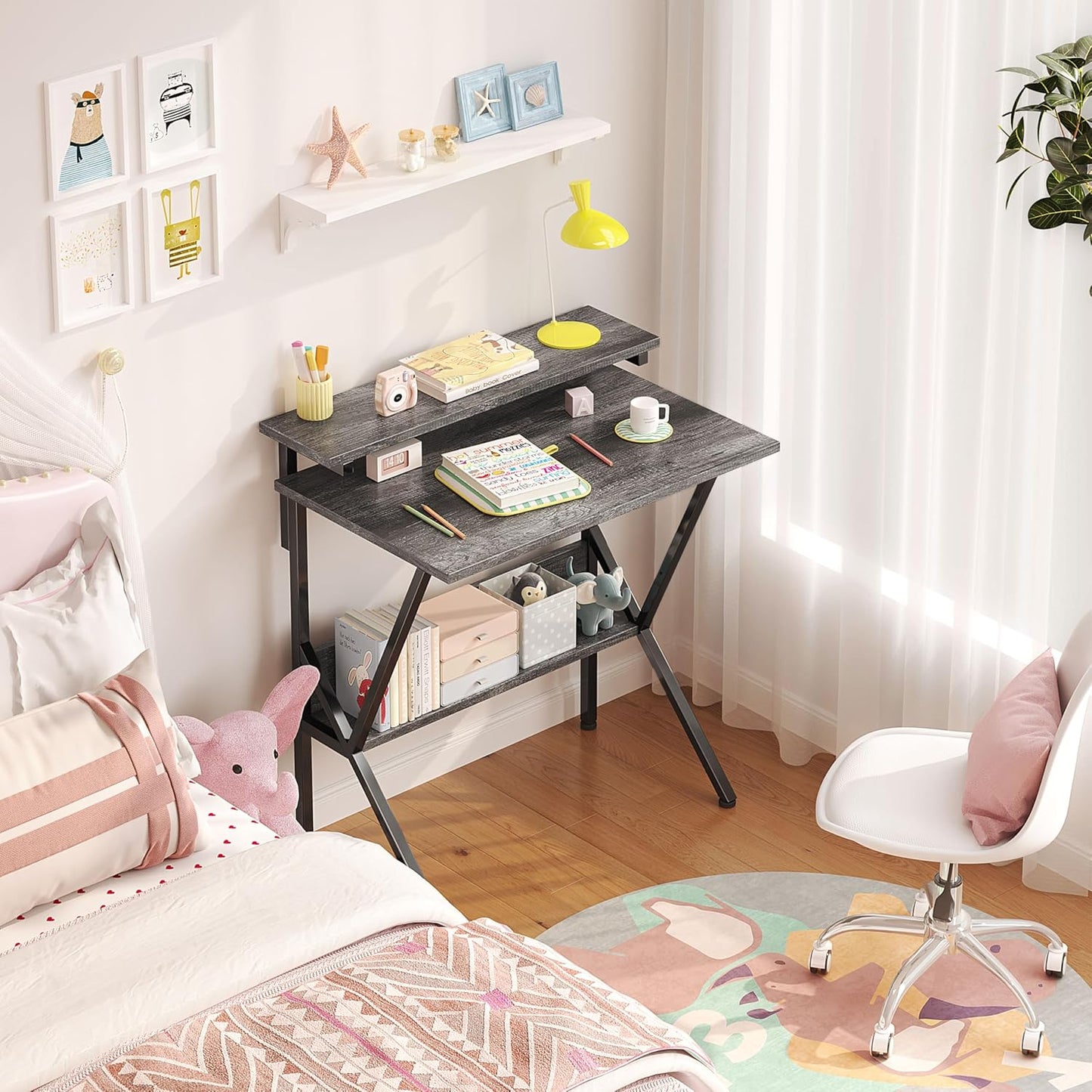 Small Desk, Small Computer Desk for Small Spaces, 27.5 Inch Computer Desk with Adjustable Monitor Stand, Compact Desk with Storage, Tiny Desk Study Desk for Bedroom Home Office, Grey