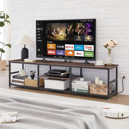 TV Stand with Power Outlets for Televisions up to 80 Inch,70" Media Entertainment Center with Charging Station 3-Tier Open Storage Shelves with Metal Frame for Living Room/Bedroom，Brown