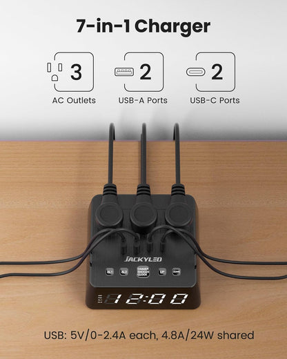 Alarm Clock with 4 USB Chargers Power Strip 3 Outlets 1700J Surge Protector Nightstand Dimmable Digital Clock with Dual Alarm and Snooze Function for Bedroom, Full Screen LED Display