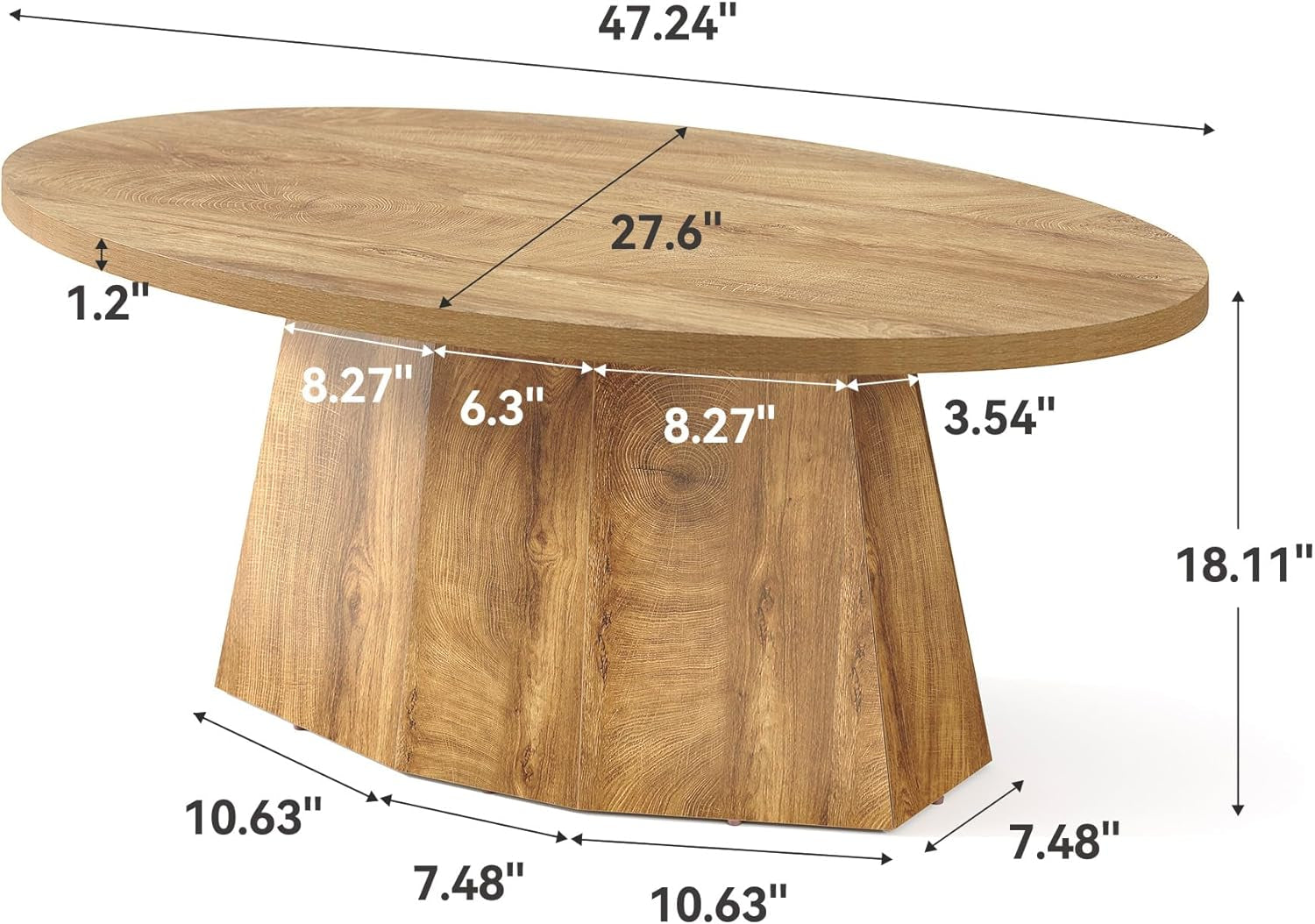Oval Coffee Table, 47-Inch Living Room Table with Polygonal Pedestal, Modern Center Accent Furniture, Child-Friendly, Easy to Assembly, Yellowish Brown