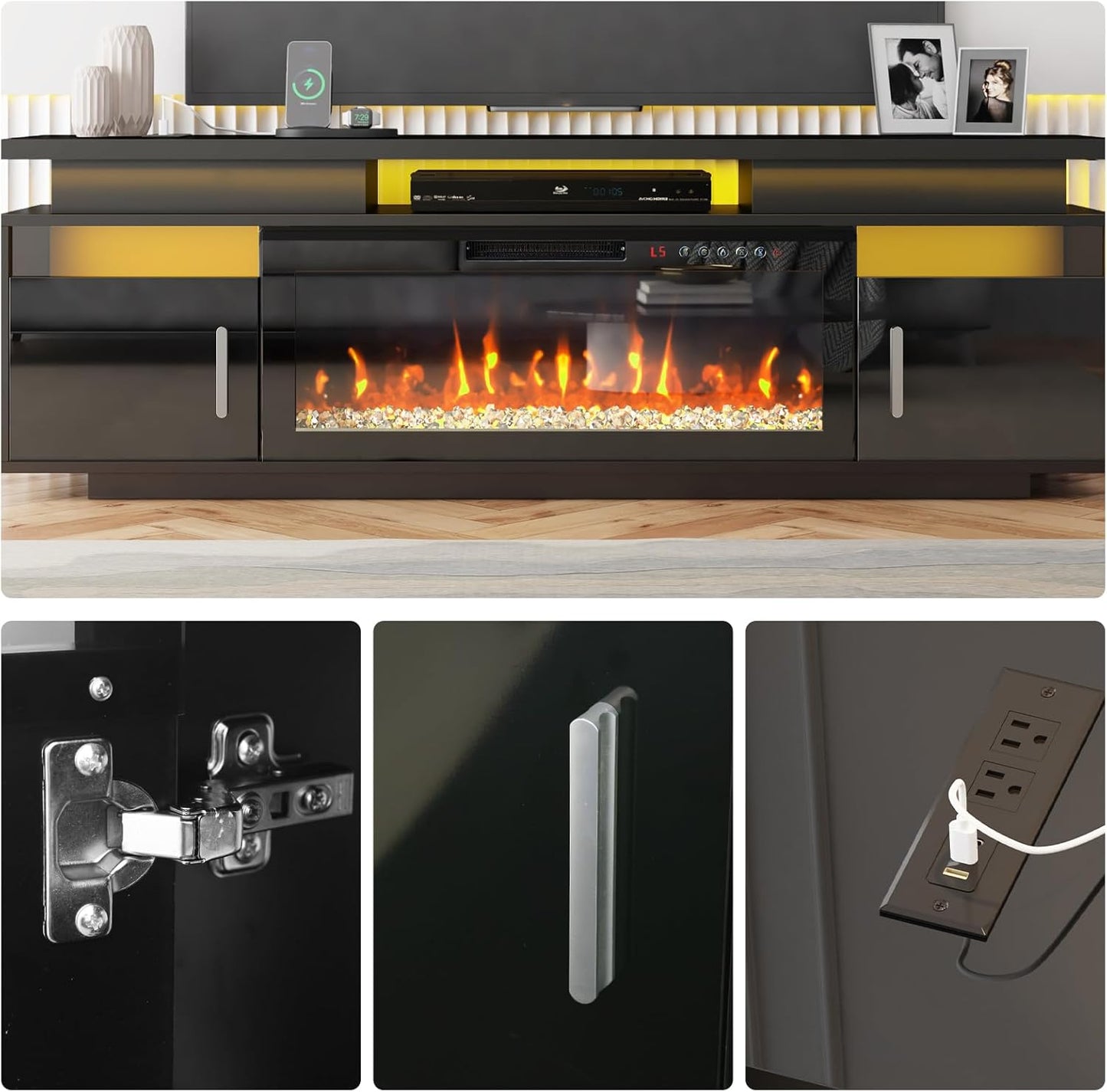 TV Stand with Fireplace, 67In Entertainment Center with Opening Shelves Modern Storage Cabinets and LED Lights, for 80 Inch Tvs, for Living Room, Black