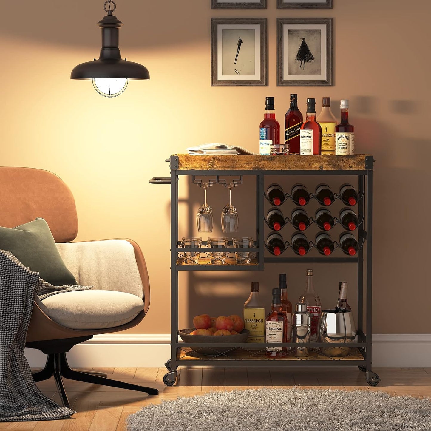 Bar Cart, Home Bar Serving Cart, 3 Tier Drink Cart with 12 Wine Bottle Racks, Liquor Beverage Cart for Kitchen Dining Livingroom, 31.5" X 15.7" X 36.6", Removable Top Tray, Rustic Brown