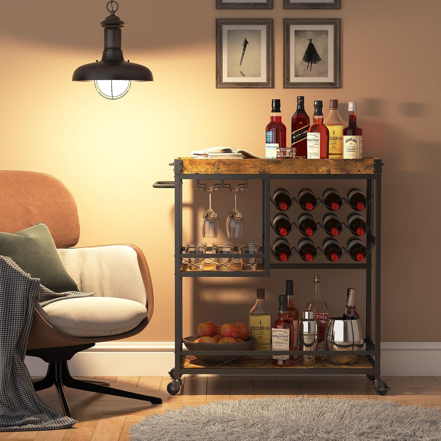 Bar Cart, Home Bar Serving Cart, 3 Tier Drink Cart with 12 Wine Bottle Racks, Liquor Beverage Cart for Kitchen Dining Livingroom, 31.5" X 15.7" X 36.6", Removable Top Tray, Rustic Brown