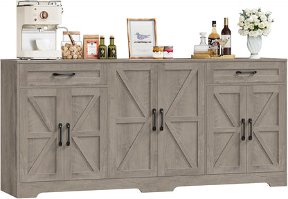 71” Large Sideboard Buffet Cabinet with Storage, Farmhouse Kitchen Buffet Cabinet with Adjustable Shelves and 6 Barn Doors, Wood Coffee Wine Bar Console Table, White, Ash Grey (Ash Grey)