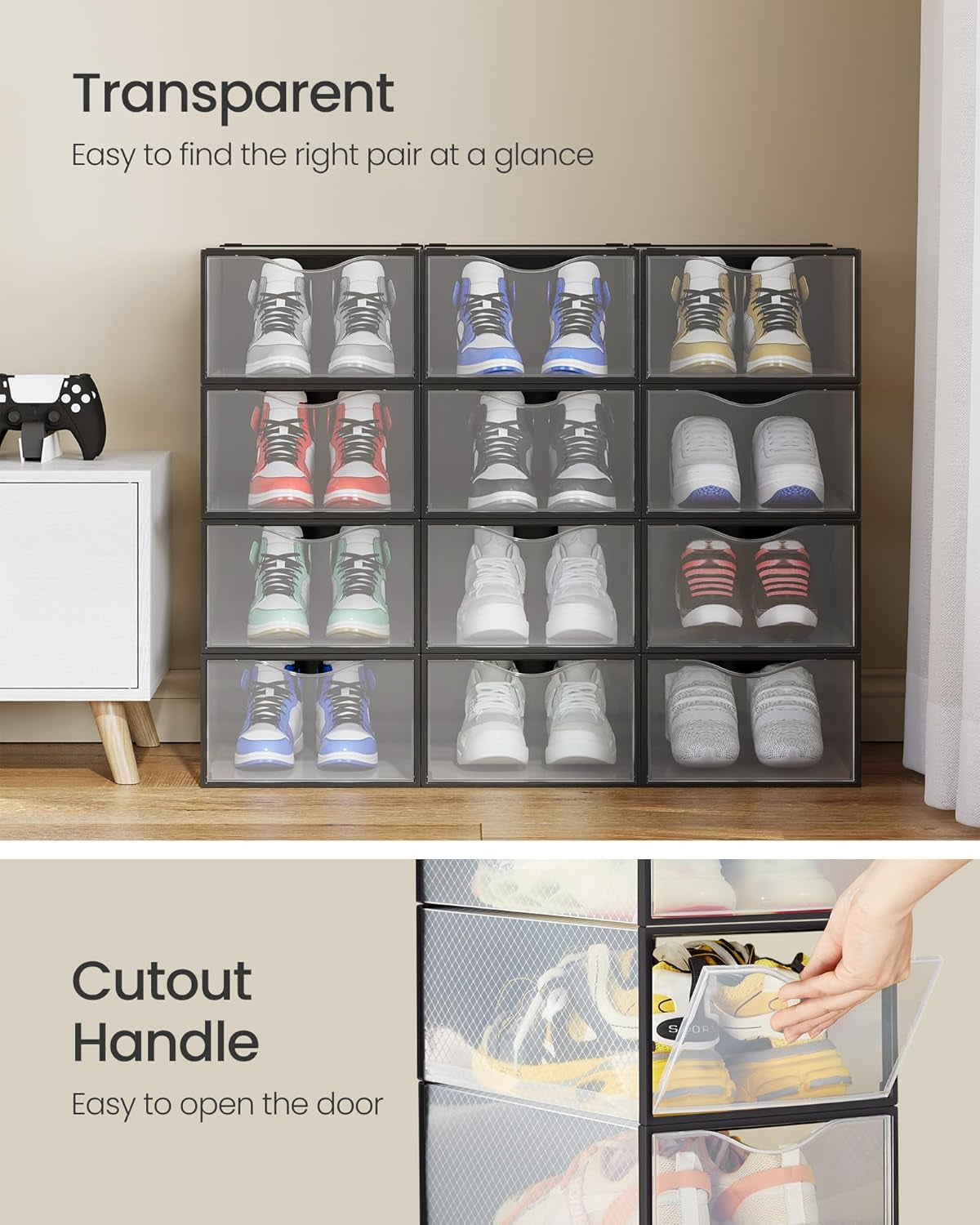 Shoe Boxes, Shoe Storage Organizers Rack for Closet, Plastic Stackable Sneaker Containers Case, 12 Pack, Transparent and Ink Black ULSP312B01