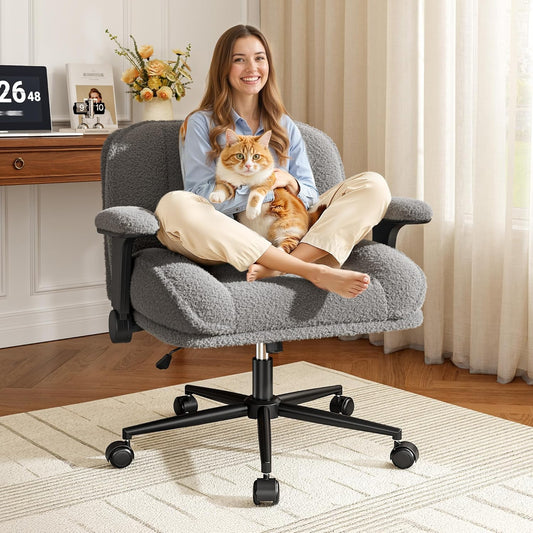 Cross Legged Office Chair with Flip-Up Arms, Wide Criss Cross Chair with Wheels & Extra-Deep Seat Thickened for Home Office, Vanity, Apartment Dorms,Plush Cushion,Cute,Comfy,Grey