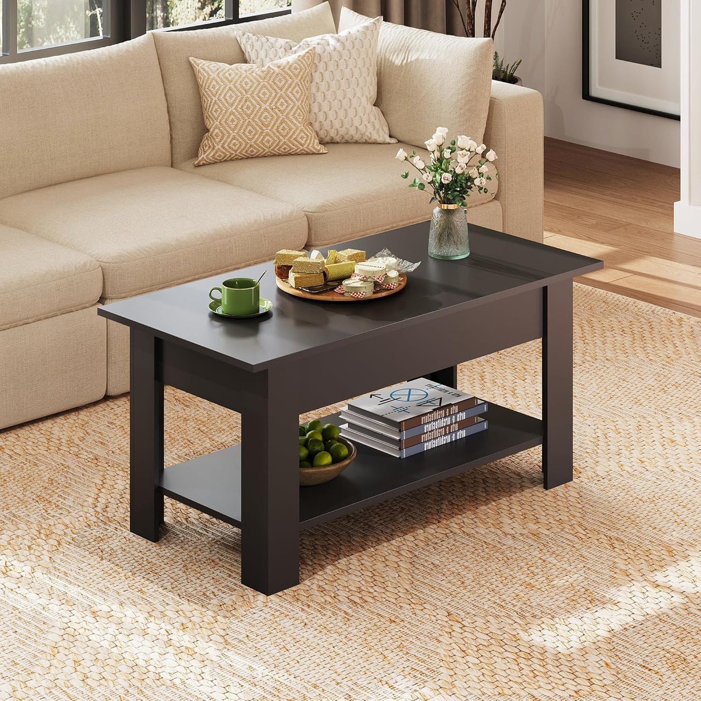 Coffee Table, 39" Lift Top Coffee Table with Hidden Compartment, Storage Shelf and Lifting Top for Home Living Room, Office and Reception Room, Black