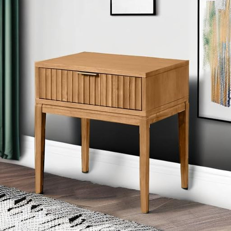Jasper Mid-Century Modern Nightstand, Side Table with Storage and Fluted Drawer Doors with Brass Handles, Natural Brown, Set of 2