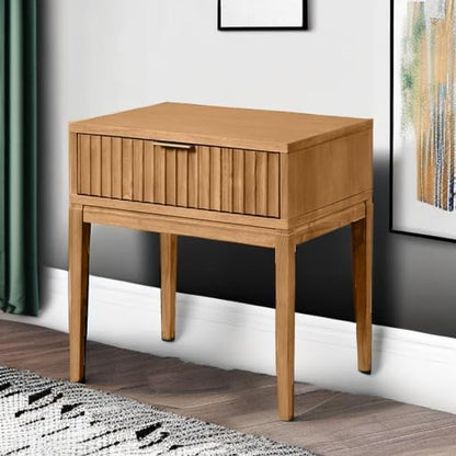 Jasper Mid-Century Modern Nightstand, Side Table with Storage and Fluted Drawer Doors with Brass Handles, Natural Brown, Set of 2